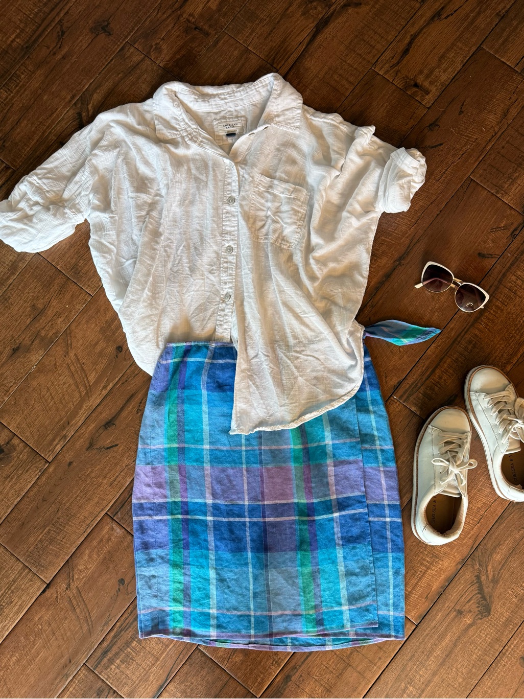 Vintage Ralph Lauren 100% Linen Plaid Wrap Skirt Coastal Preppy